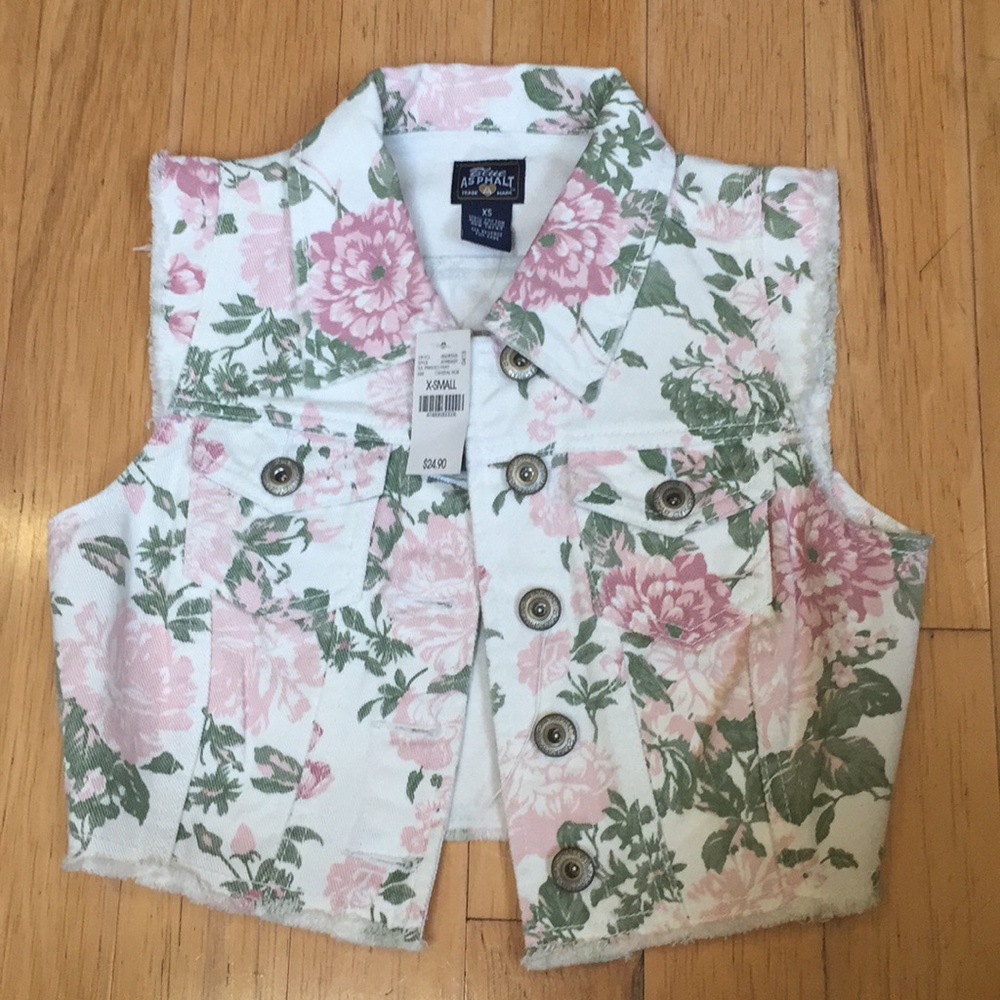 Womens/Juniors xs cropped floral denim vest